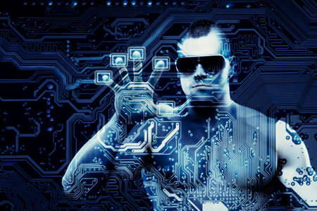 Scanning in progress. Cyber security concept with digital being - muscular guardian scanning his...