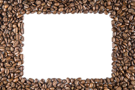 Roasted coffee beans frame isolated on white background. Border of coffee beans arranged to enclose and frame a sample area of white space for your design needs.の写真素材
