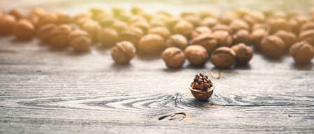 Heap of whole walnuts and one walnut kernel on wooden table - natural pattern background detail....