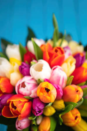 Colorful bouquet of tulips on blue wooden background. Spring tulip flowers. Greeting card with copy space for Valentine's Day, Woman's Day and Mother's Day.の写真素材