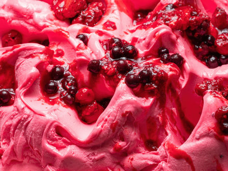 Frozen Forest Fruits flavour gelato - full frame detail. Close up of a pink surface texture of Ice...