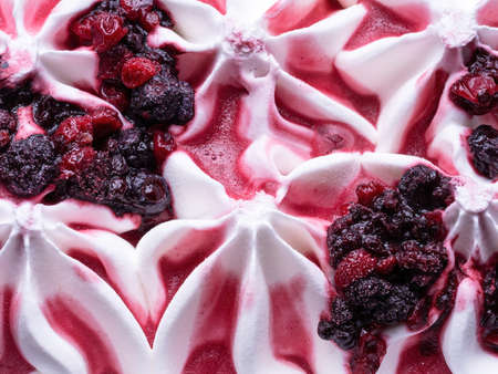 Frozen Yoghurt flavour gelato - full frame detail. Close up of white surface texture of Yoghurt Ice cream covered with pieces of red forest fruit.の写真素材