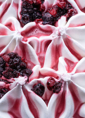Frozen Yoghurt flavour gelato - full frame detail. Close up of white surface texture of Yoghurt Ice cream covered with pieces of red forest fruit.の写真素材