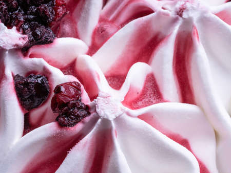 Frozen Yoghurt flavour gelato - full frame detail. Close up of white surface texture of Yoghurt Ice cream covered with pieces of red forest fruit.の写真素材
