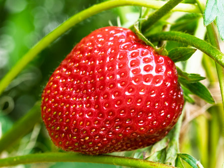 Close-up of growing red ripe strawberry (Fragaria Ã ananassa) on stem in garden. Detail of fresh fruit with green leaves. Organic farming, healthy food, back to nature concept.の写真素材
