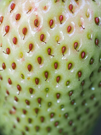 Close-up of green unripe strawberry (Fragaria × ananassa) showing seeds. Detailed surface macro shot of texture of fresh fruit. Organic farming, healthy food, back to nature concept.の写真素材