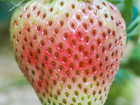 Close-up of green unripe strawberry (Fragaria Ã ananassa) showing seeds. Detailed surface macro shot of texture of fresh fruit. Organic farming, healthy food, back to nature concept.の写真素材
