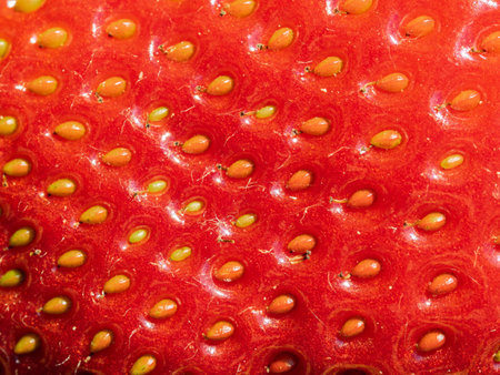Close-up of red ripe strawberry (Fragaria Ã ananassa) showing seeds. Detailed surface macro shot of texture of fresh fruit. Organic farming, healthy food, back to nature concept.の写真素材