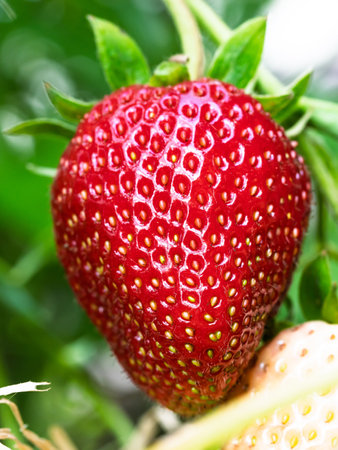 Close-up of growing red ripe strawberry (Fragaria Ã ananassa) on stem in garden. Detail of fresh fruit with green leaves. Organic farming, healthy food, back to nature concept.の写真素材