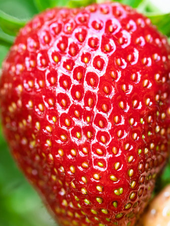 Close-up of red ripe strawberry (Fragaria × ananassa) showing seeds. Detailed surface macro shot of texture of fresh fruit. Organic farming, healthy food, back to nature concept.の写真素材