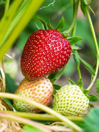 Close-up of growing red ripe strawberry (Fragaria Ã ananassa) on stem in garden. Detail of fresh fruit with green leaves. Organic farming, healthy food, back to nature concept.の写真素材