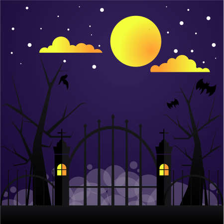 Halloween Background with dark gate in moonlight vector graphic illustrationのイラスト素材
