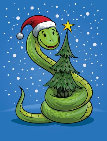 Snake with Christmas hat and tree, the symbol of New Yearのイラスト素材