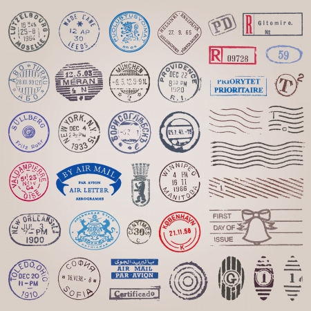 Vector set of 39 vintage postage stamps from countries all over the worldのイラスト素材