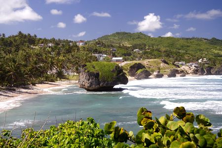 Beautiful caribbean coastline with large coral rocksの写真素材