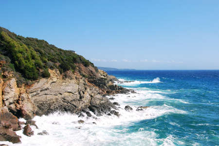 Rocky Italian coastline on a bright blue sky day, with blue water and some coastal vegetation. Strada del Vino Costa degli Etruschi.の写真素材