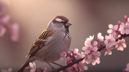 Sparrow sits on a branch of a blossoming tree.の素材