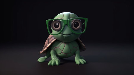 turtle with glasses on a black background. 3d rendering.の素材