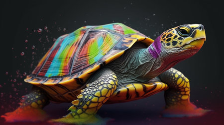 3D Illustration of a Tortoise with Rainbow and Black Backgroundの素材