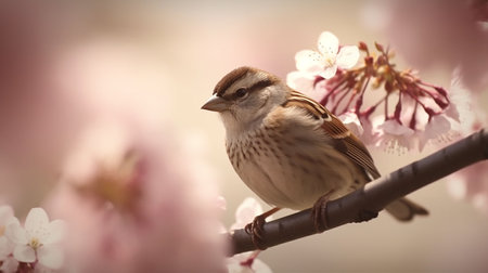 Sparrow sitting on a branch with pink cherry blossoms in the backgroundの素材