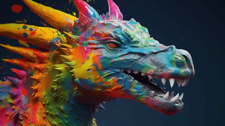 Fantasy dragon head with colorful paint splashes. 3d renderingの素材