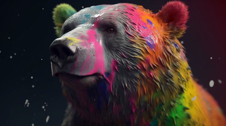 The face of a brown bear with a multicolored paint on a black background.の素材