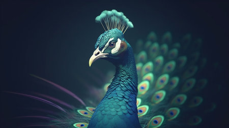 Beautiful peacock with feathers on dark background. 3d renderingの素材