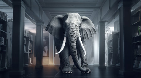 Elephant in the library, 3d rendering. Computer digital drawing.の素材