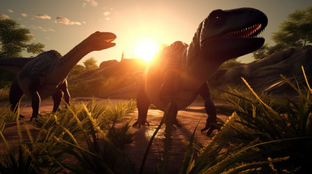 dinosaur in the jungle at sunset, 3d render illustration.の素材