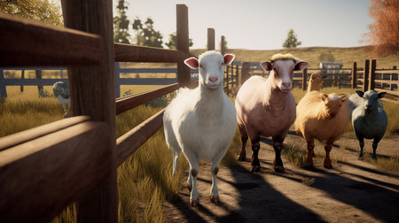 Herd of sheep in the paddock at sunset, rural sceneの素材