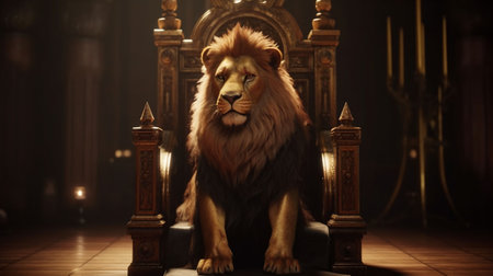 Lion sitting on a throne in a dark room with golden furnitureの素材