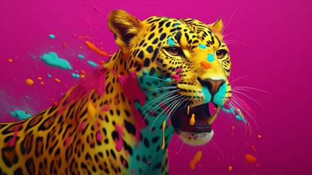 Funny leopard with colorful paint splashes on a pink backgroundの素材