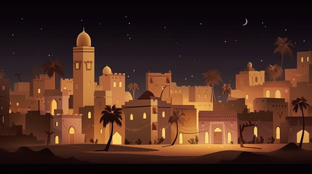 Night view of the ancient city of Rabat, Morocco. Vector illustrationの素材