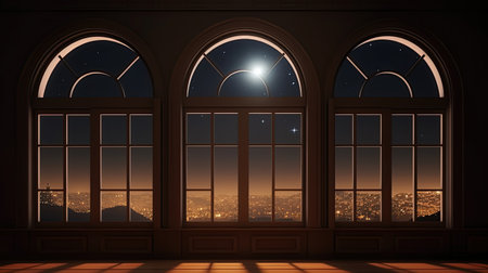 3D rendering of a room with a window overlooking the city at nightの素材