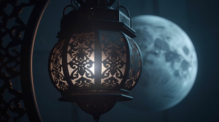 Lantern in the dark with moon background. 3d renderingの素材