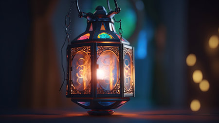 Ramadan Kareem background. Arabic lantern on the dark background.の素材