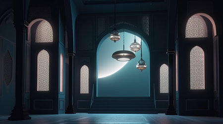 3d rendering of arabic mosque interior in night time.の素材