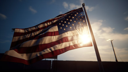 American flag waving in the wind against the blue sky and sun.の素材