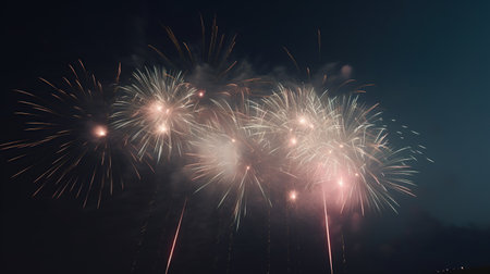 Colorful fireworks of various colors over night sky for celebration background.の素材