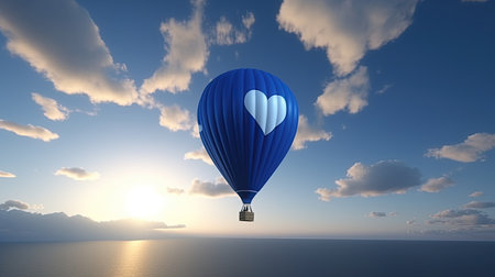Hot air balloon with heart shape flying over the sea. 3D renderingの素材