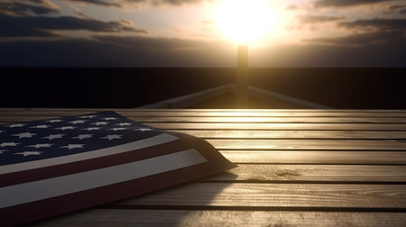American flag on a wooden deck by the ocean at sunset - 3D renderの素材