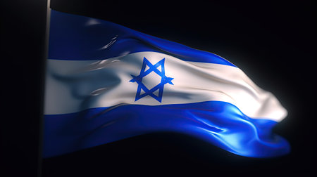 3d rendering of Israel flag waving on dark background with bokeh.の素材