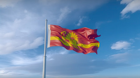 National flag of Spain waving in the wind against blue sky. 3d renderの素材