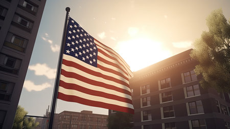 American flag waving in the wind against sunset over city. 3d renderingの素材