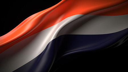 Flag of Netherlands waving in the wind on black background. 3d illustration.の素材