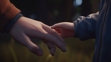 Close-up of a young couple holding hands in the park.の素材