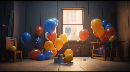 3d rendering of a childrens room with balloons and a windowの素材