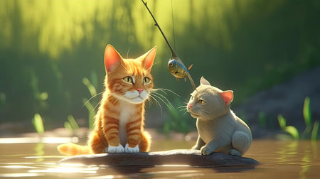 Two cats are fishing on a fishing rod in the river,3d renderの素材