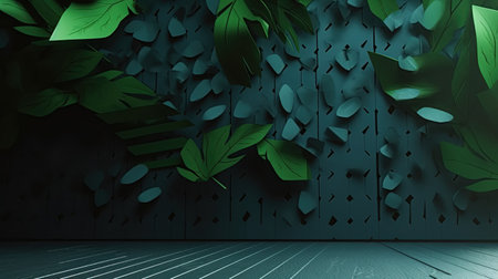 Dark wood background with green tropical leaves. 3d rendering illustration.の素材