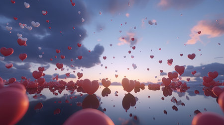 Red hearts floating in the sky at sunset. 3d render illustrationの素材